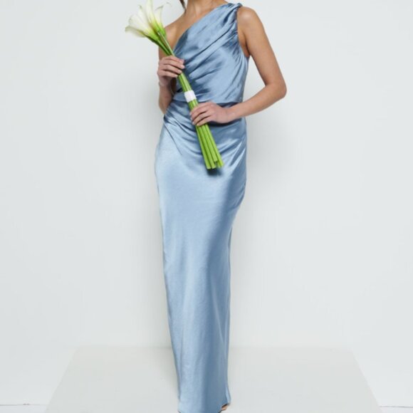 Pretty Lavish | Juliet Ruched Maxi Bridesmaid Dress in Dusty Blue - Picture 4 of 5
